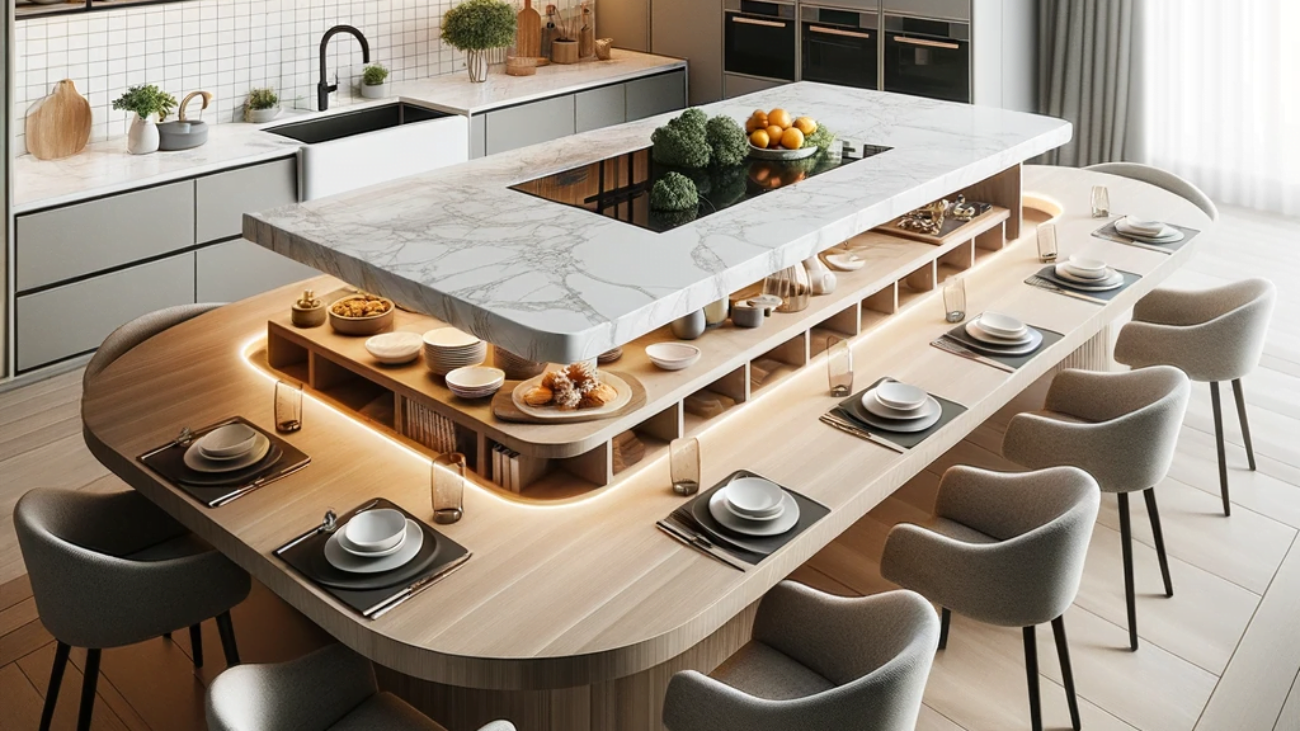 DALL·E-2023-10-18-13.54.00-Photo-of-a-kitchen-showcasing-a-unique-island-design-where-the-central-countertop-morphs-into-an-inset-dining-table.-The-main-island-offers-prep-space