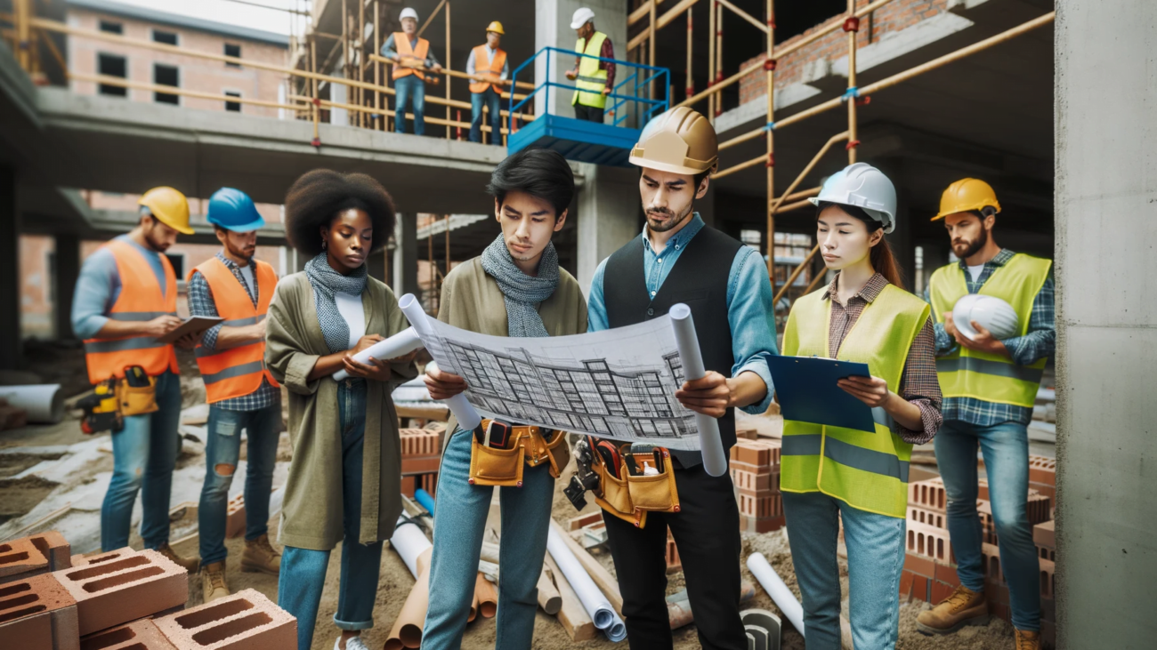 DALL·E 2023-10-30 13.51.44 - Photo of a lively construction site filled with diverse professionals. A male engineer of Asian heritage examines blueprints intently alongside a fema