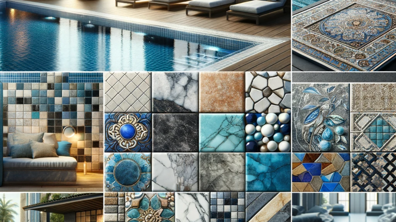 DALL·E 2024-01-18 11.15.18 - A collage showcasing a variety of pool lining materials including classic blue tiles, intricate mosaic patterns, sleek modern finishes, and natural st